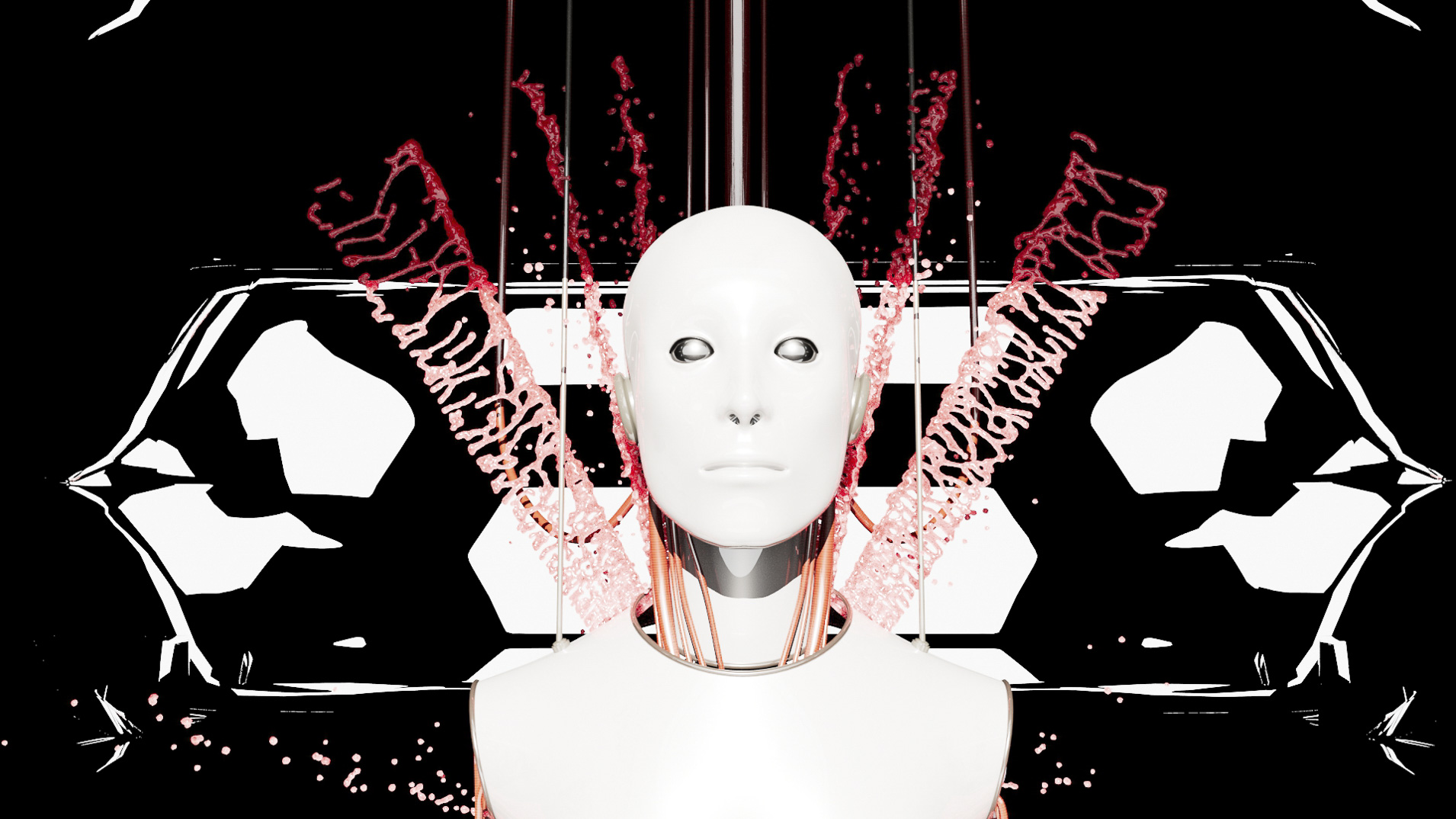 Still from a digital animation showing a figure in white with red protrusions